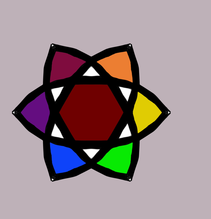 Colorful geometric star with a hexagonal center and multiple pointed petals.