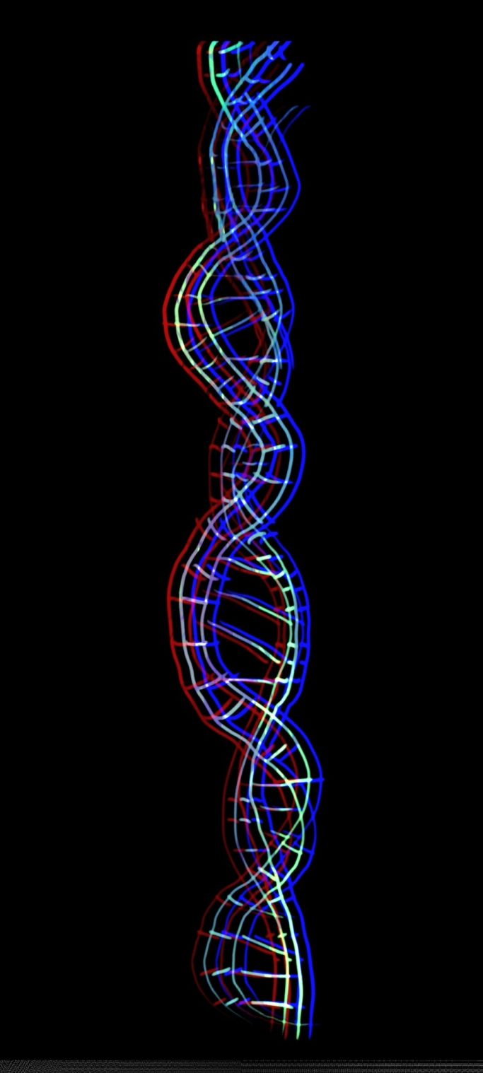 Colorful 3D representation of a DNA double helix on a black background.