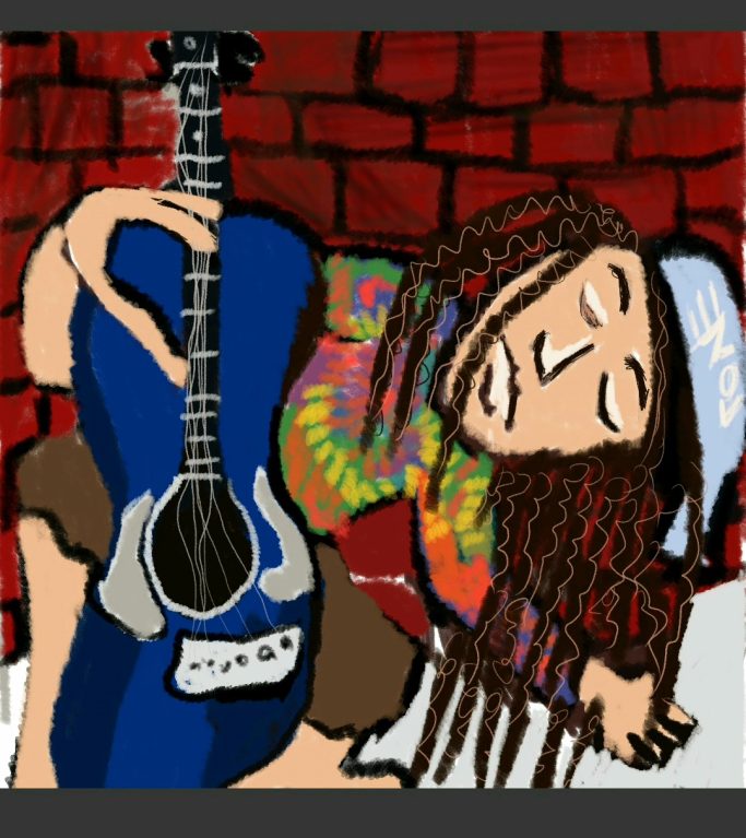 A person with long hair plays a blue guitar against a red brick background.