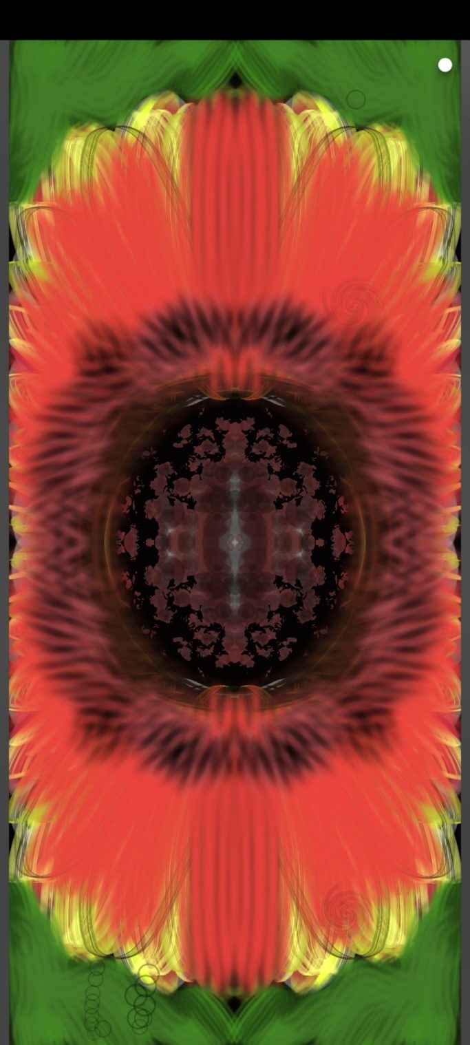 Colorful abstract design with a central dark shape surrounded by vibrant hues.