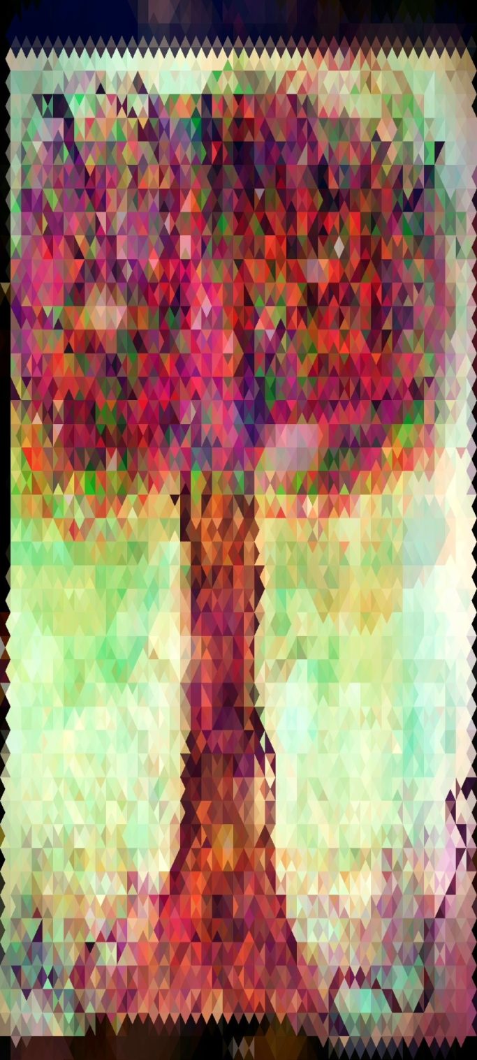 Colorful abstract tree with a textured trunk and vibrant foliage against a soft background.